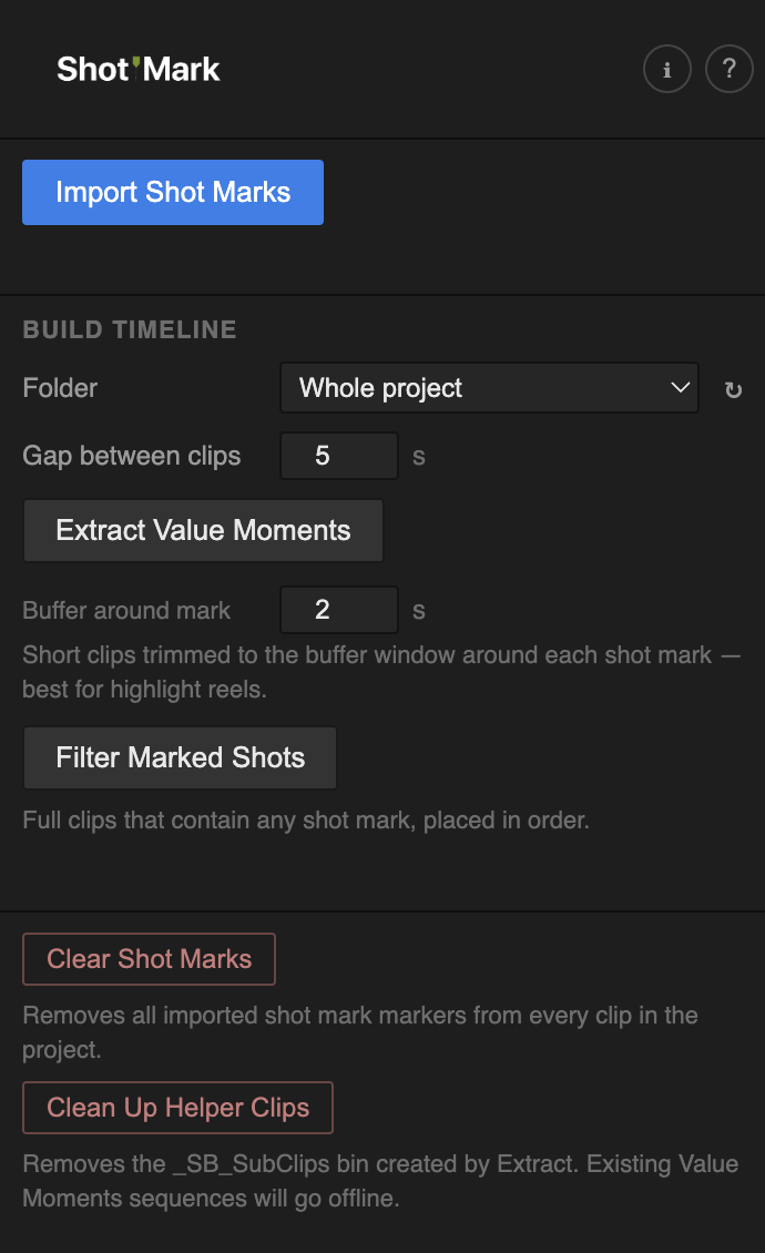 The Shot Mark panel docked in Premiere Pro